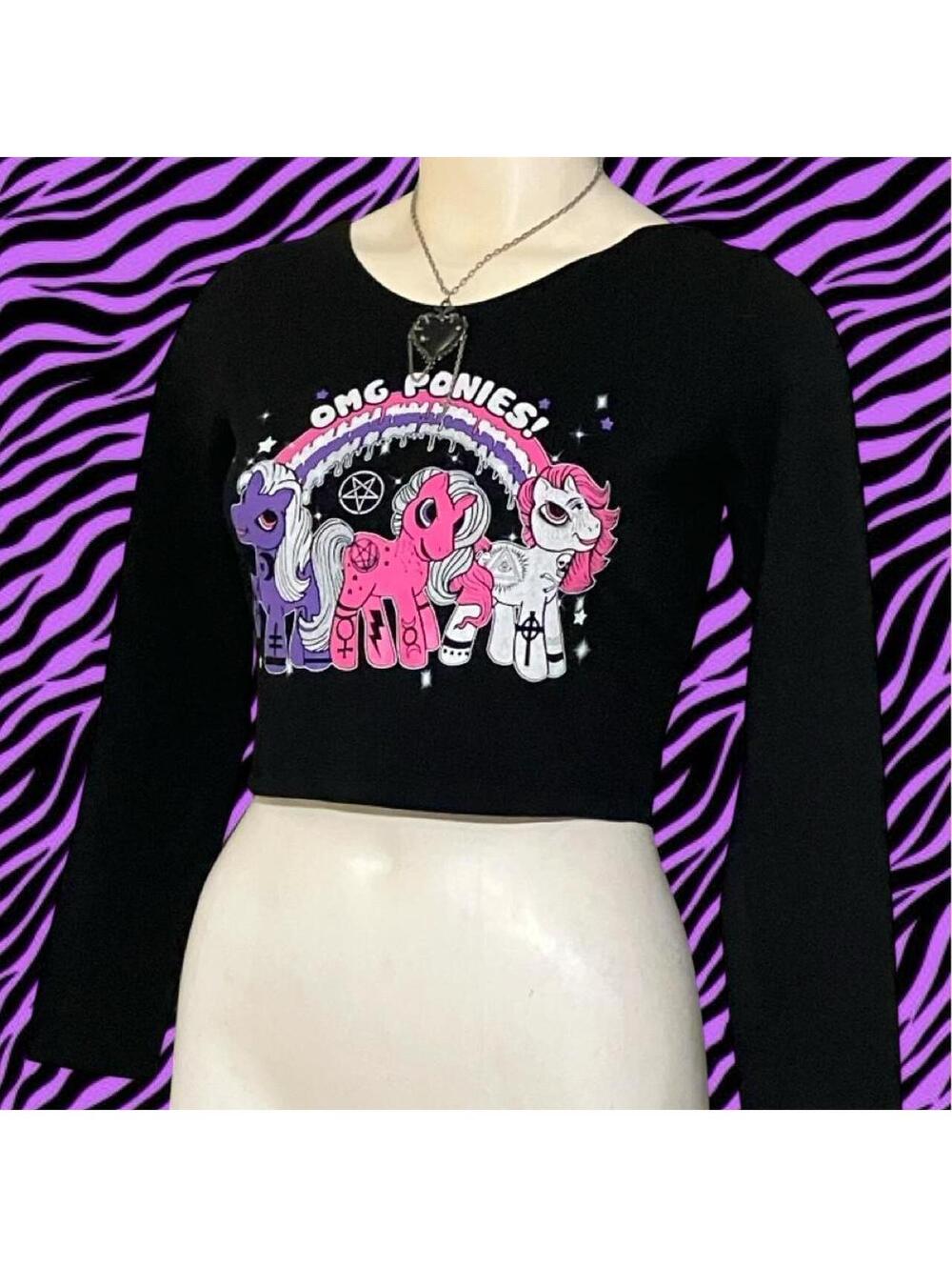 Too Fast Brand crop top with graphic of three goth My Little Ponies